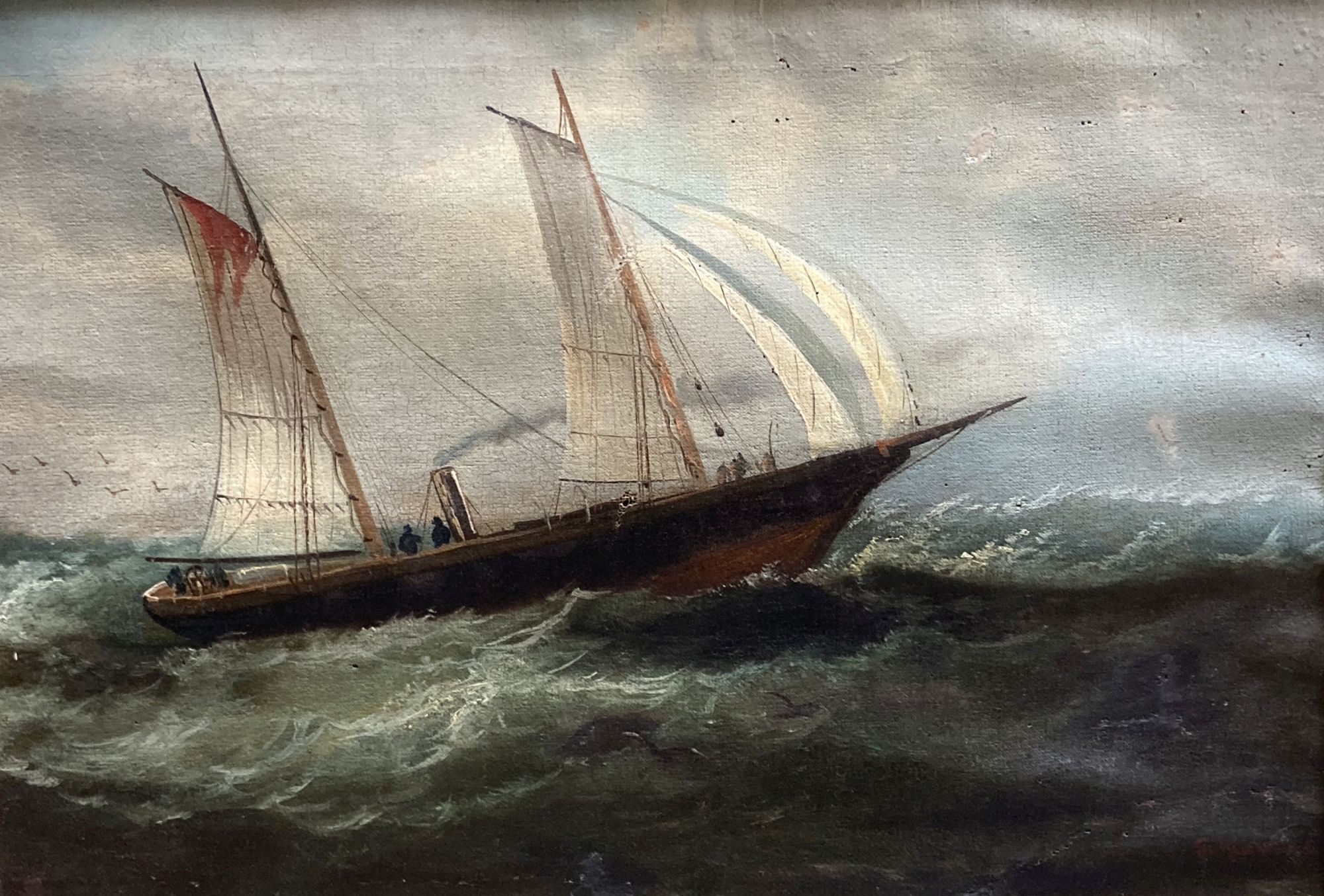 A Victorian oil on canvas of a steam and sail ship at sea, signed, 28 x 41cm